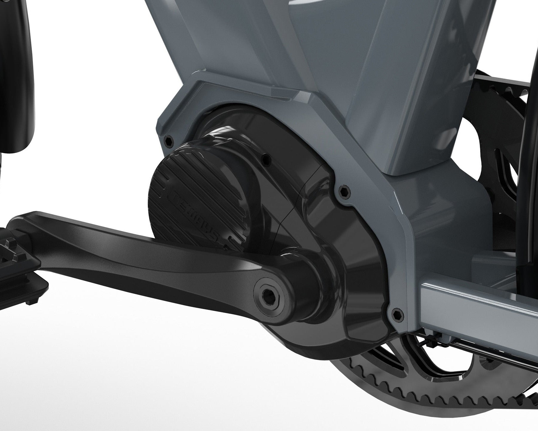 Close-up of a Mid Drive of the bike, with a white background.