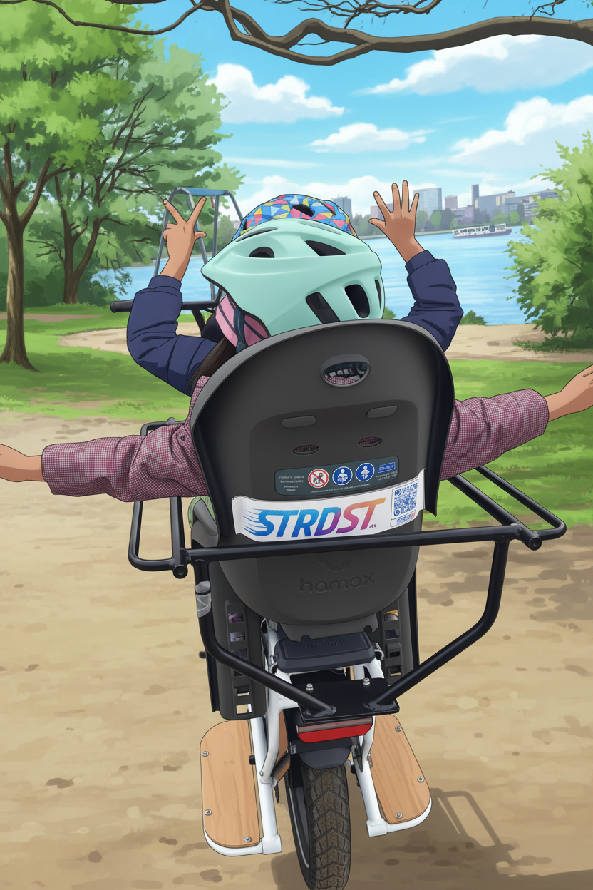 Child in a bike seat with a helmet, surrounded by a park setting with trees and water.