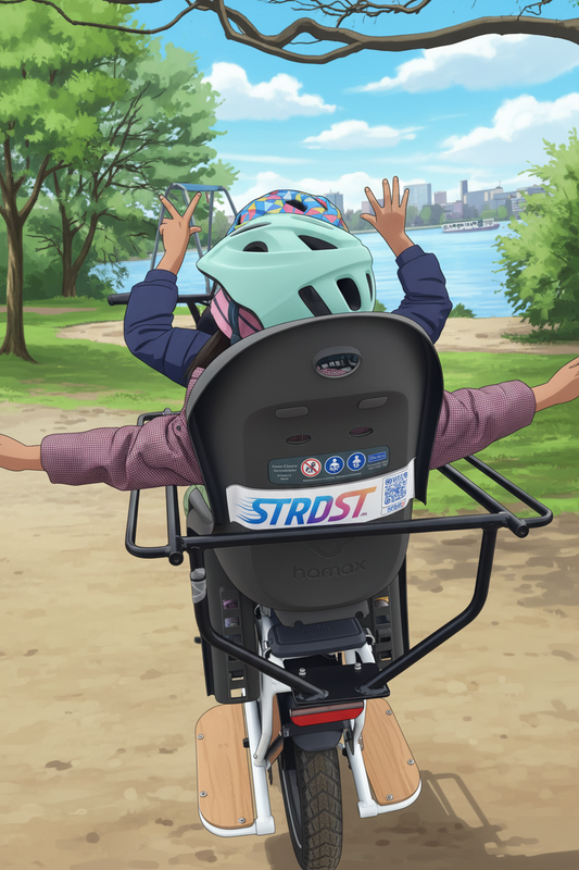 Child in a bike seat with a helmet, surrounded by a park setting with trees and water.